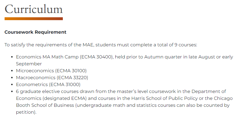 芝加哥大學經(jīng)濟學文學碩士信息